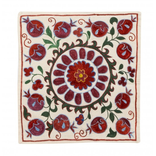 Hand Embroidered Silk, Cotton and Linen Cushion Cover From Uzbekistan. Decorative Suzani Textile. 19" x 19" (46 x 46 cm)