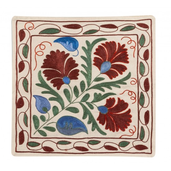 Elegant New Silk Hand Embroidered Suzani Cushion Cover from Uzbekistan. 19" x 19" (46 x 46 cm)