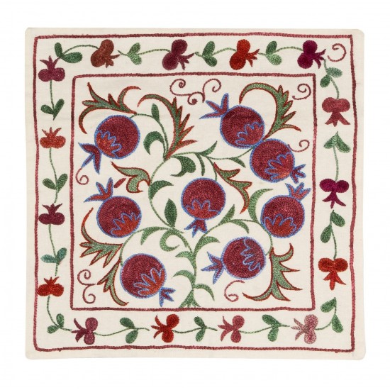 Hand Embroidered Silk, Cotton and Linen Cushion Cover From Uzbekistan. Decorative Suzani Textile. 19" x 19" (46 x 46 cm)