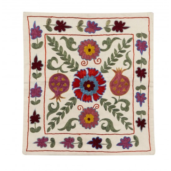 Decorative Silk Hand Embroidered Suzani Cushion Cover from Uzbekistan. 19" x 19" (46 x 46 cm)