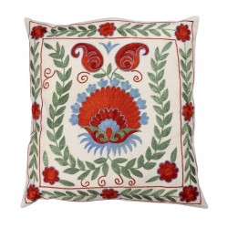 Silk Embroidery Suzani Cushion Cover, Authentic Uzbek Throw Pillow Cover. 19" x 19" (46 x 46 cm)