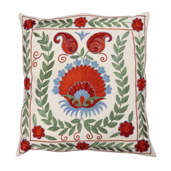 Silk Embroidery Suzani Cushion Cover, Authentic Uzbek Throw Pillow Cover. 19" x 19" (46 x 46 cm)