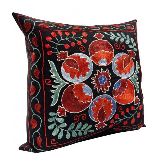 Decorative Handmade Central Asian Suzani Cushion Cover, Silk Embroidery Lace Pillow. 19" x 19" (46 x 46 cm)