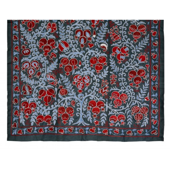 Silk Suzani Wall Hanging from Uzbekistan, Brand-New Hand Embroidered Bed or Table Cover. 4.5 x 7 Ft (135 x 215 cm)