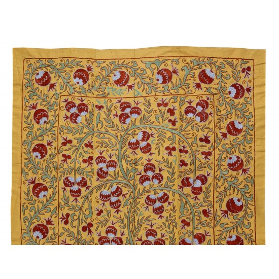 Silk Suzani Wall Hanging from Uzbekistan, Brand-New Hand Embroidered Bed or Table Cover. 4.5 x 6.9 Ft (137 x 210 cm)
