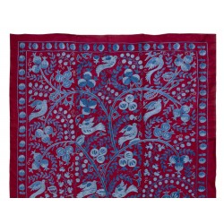Silk Suzani Wall Hanging from Uzbekistan, Brand-New Hand Embroidered Bed or Table Cover. 4.6 x 7 Ft (138 x 213 cm)