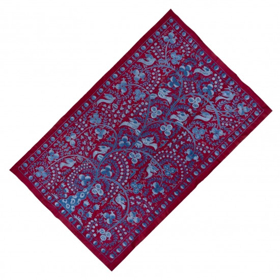 Silk Suzani Wall Hanging from Uzbekistan, Brand-New Hand Embroidered Bed or Table Cover. 4.6 x 7 Ft (138 x 213 cm)