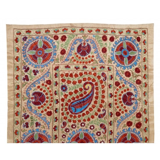 Silk Suzani Wall Hanging from Uzbekistan, Brand-New Hand Embroidered Bed or Table Cover. 4.6 x 7.3 Ft (138 x 220 cm)