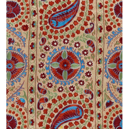 Silk Suzani Wall Hanging from Uzbekistan, Brand-New Hand Embroidered Bed or Table Cover. 4.6 x 7.3 Ft (138 x 220 cm)