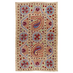 Silk Suzani Wall Hanging from Uzbekistan, Brand-New Hand Embroidered Bed or Table Cover. 4.6 x 7.3 Ft (138 x 220 cm)