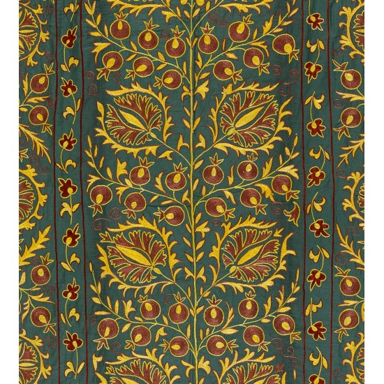 Silk Suzani Wall Hanging from Uzbekistan, Brand-New Hand Embroidered Bed or Table Cover. 4.6 x 6.9 Ft (140 x 210 cm)