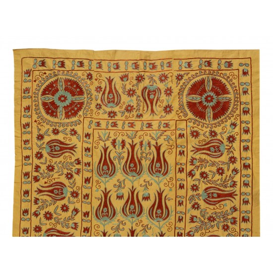 Decorative Silk Suzani Textille. Brand New Uzbek Embroidery Wall Hanging, Bed or Table Cover. 4.6 x 7 Ft (140 x 214 cm)