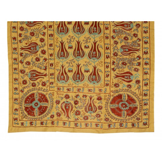 Decorative Silk Suzani Textille. Brand New Uzbek Embroidery Wall Hanging, Bed or Table Cover. 4.6 x 7 Ft (140 x 214 cm)