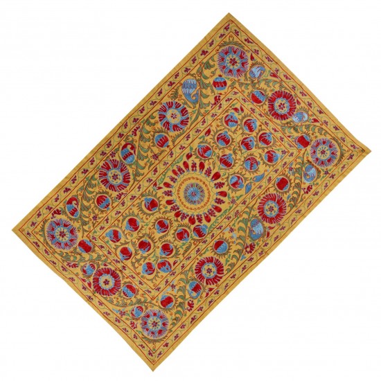 Decorative Silk Suzani Textille. Brand New Uzbek Embroidery Wall Hanging, Bed or Table Cover. 4.6 x 7 Ft (140 x 215 cm)
