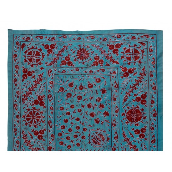 Decorative Silk Suzani Textille. Brand New Uzbek Embroidery Wall Hanging, Bed or Table Cover. 4.6 x 7 Ft (140 x 216 cm)