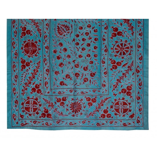 Decorative Silk Suzani Textille. Brand New Uzbek Embroidery Wall Hanging, Bed or Table Cover. 4.6 x 7 Ft (140 x 216 cm)