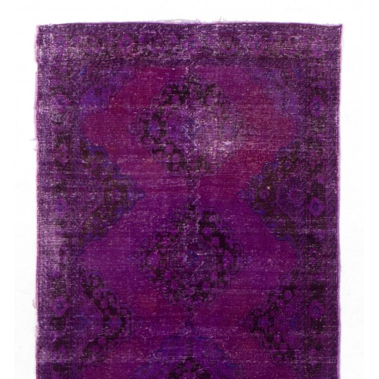 Purple Overdyed Runner Rug, Mid-Century Handmade Central Anatolian Corridor Carpet. 4.8 x 11.9 Ft (145 x 360 cm)