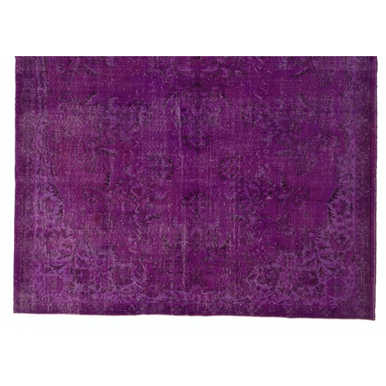One of a kind Purple Overdyed Area Rug with Floral Garden Design, Large Vintage Handmade Carpet from Turkey. 7.5 x 10.6 Ft (227 x 323 cm)