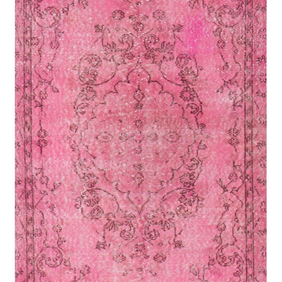 Pink Overdyed Vintage Handmade Anatolian Accent Rug with Medallion Design. 3.9 x 6.9 Ft (116 x 208 cm)