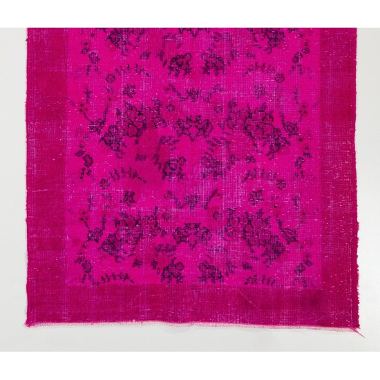Fuchsia Pink Overdyed Vintage Handmade Anatolian Accent Rug with Floral Design. 3.9 x 6.9 Ft (116 x 210 cm)