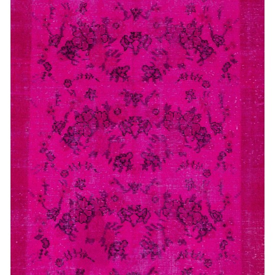 Fuchsia Pink Overdyed Vintage Handmade Anatolian Accent Rug with Floral Design. 3.9 x 6.9 Ft (116 x 210 cm)