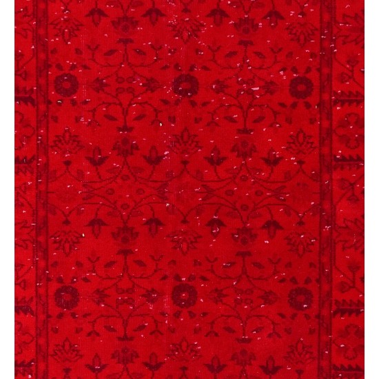 Red Overdyed Accent Rug with Floral Design, 1960s Hand-Knotted Central Anatolian Carpet. 3.9 x 6.9 Ft (117 x 210 cm)