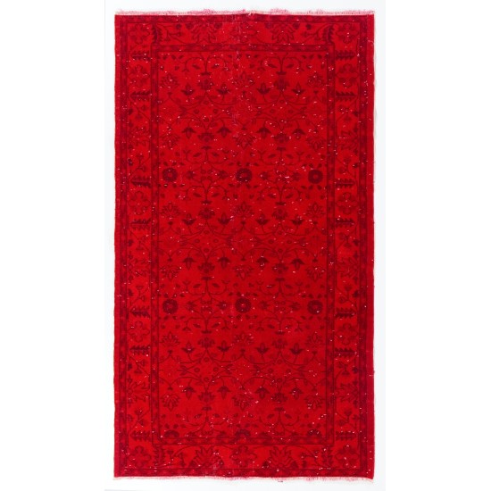 Red Overdyed Accent Rug with Floral Design, 1960s Hand-Knotted Central Anatolian Carpet. 3.9 x 6.9 Ft (117 x 210 cm)