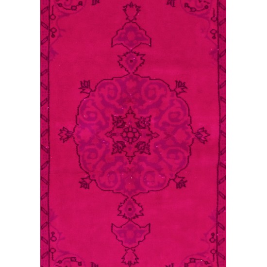 Fuchsia Pink Overdyed Vintage Handmade Anatolian Accent Rug with Medallion Design. 4 x 6.9 Ft (119 x 209 cm)