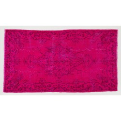 Fuchsia Pink Overdyed Rug with Floral Design, Vintage Handmade Carpet from Turkey. 4 x 7 Ft (120 x 216 cm)