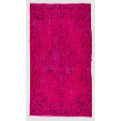 Fuchsia Pink Overdyed Rug with Floral Design, Vintage Handmade Carpet from Turkey. 4 x 7 Ft (120 x 216 cm)