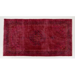 Red Overdyed Accent Rug, 1960s Hand-Knotted Central Anatolian Carpet. 4 x 7.3 Ft (120 x 222 cm)