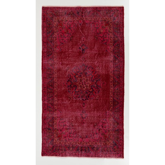 Red Overdyed Accent Rug, 1960s Hand-Knotted Central Anatolian Carpet. 4 x 7.3 Ft (120 x 222 cm)