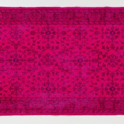 Pink Overdyed Rug with Floral Design, Vintage Handmade Carpet from Turkey. 4 x 7 Ft (121 x 214 cm)