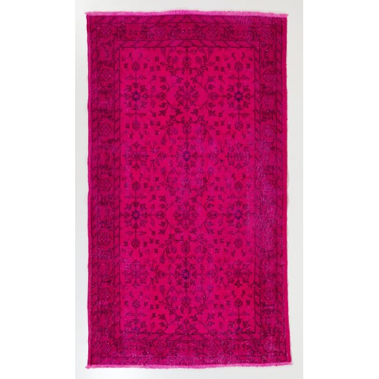 Pink Overdyed Rug with Floral Design, Vintage Handmade Carpet from Turkey. 4 x 7 Ft (121 x 214 cm)