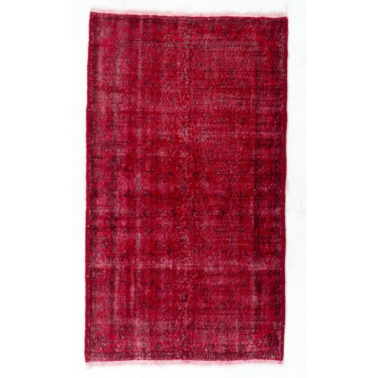 Red Overdyed Accent Rug, 1960s Hand-Knotted Central Anatolian Carpet. 4 x 6.9 Ft (122 x 208 cm)