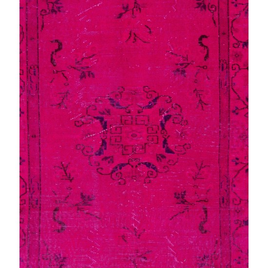 Fuchsia Pink Overdyed Rug, Vintage Handmade Carpet from Turkey. 4 x 6.9 Ft (122 x 210 cm)