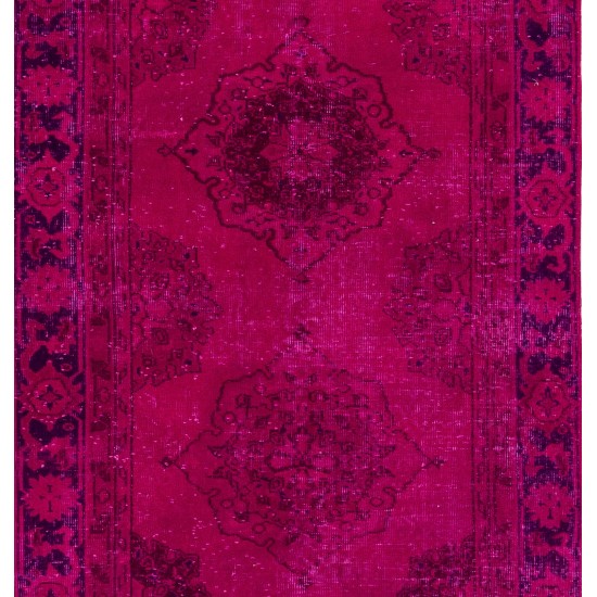 Fuchsia Pink Overdyed Runner Rug, Vintage Handmade Corridor Carpet from Sille, Turkey. 4.2 x 12 Ft (125 x 365 cm)