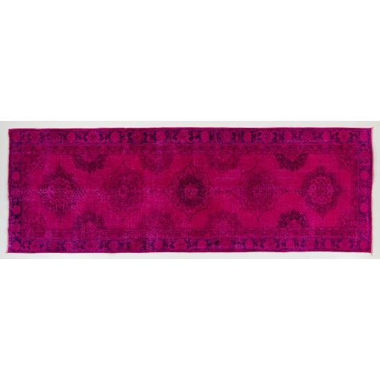 Fuchsia Pink Overdyed Runner Rug, Vintage Handmade Corridor Carpet from Sille, Turkey. 4.2 x 12 Ft (125 x 365 cm)