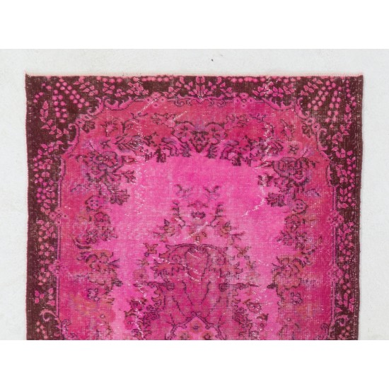 Pink Overdyed Accent Rug, Vintage Handmade Carpet with Medallion Design. 4.3 x 6.9 Ft (130 x 210 cm)