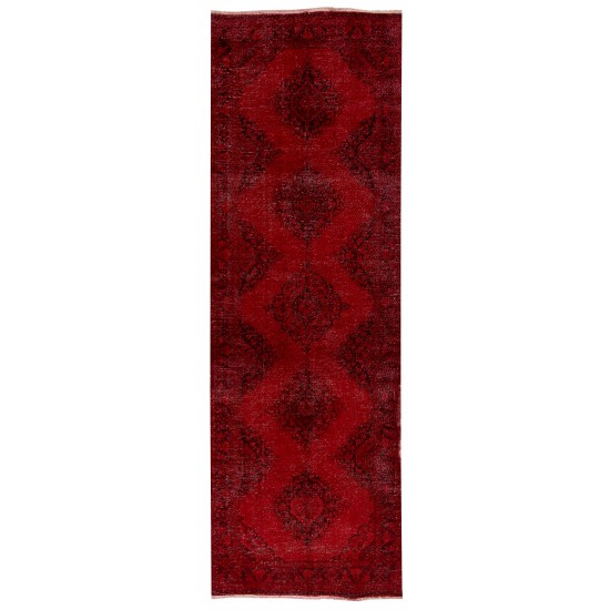 Red Overdyed Runner Rug, 1960s Hand-Knotted Central Anatolian Carpet. 4.3 x 13.5 Ft (130 x 410 cm)