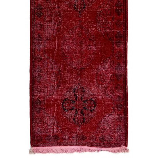 Red Overdyed Runner Rug, 1960s Hand-Knotted Central Anatolian Carpet. 4.6 x 13.4 Ft (140 x 407 cm)