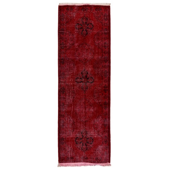 Red Overdyed Runner Rug, 1960s Hand-Knotted Central Anatolian Carpet. 4.6 x 13.4 Ft (140 x 407 cm)