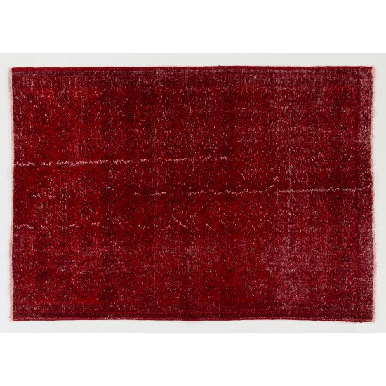 Distressed Red Overdyed Rug, 1960s Hand-Knotted Central Anatolian Carpet. 4.7 x 6.6 Ft (142 x 200 cm)