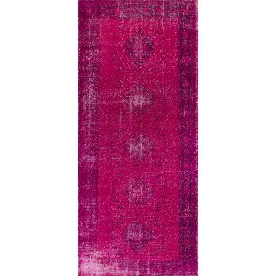 Pink Overdyed Runner Rug, Vintage Handmade Corridor Carpet from Turkey. 4.7 x 11 Ft (142 x 337 cm)