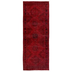 Distressed Red Overdyed Runner Rug, 1960s Hand-Knotted Central Anatolian Carpet. 4.7 x 12.4 Ft (142 x 375 cm)