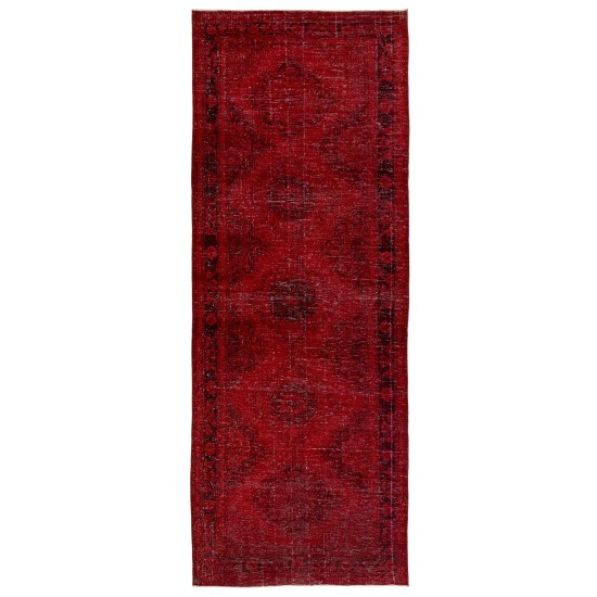 Distressed Red Overdyed Runner Rug, 1960s Hand-Knotted Central Anatolian Carpet. 4.7 x 12.4 Ft (142 x 375 cm)