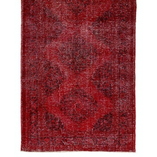 Red Overdyed Runner Rug, 1960s Hand-Knotted Central Anatolian Carpet. 4.7 x 12.5 Ft (142 x 380 cm)