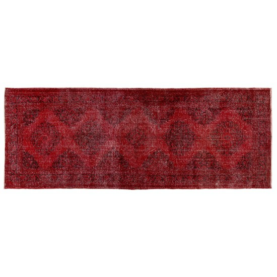 Red Overdyed Runner Rug, 1960s Hand-Knotted Central Anatolian Carpet. 4.7 x 12.5 Ft (142 x 380 cm)