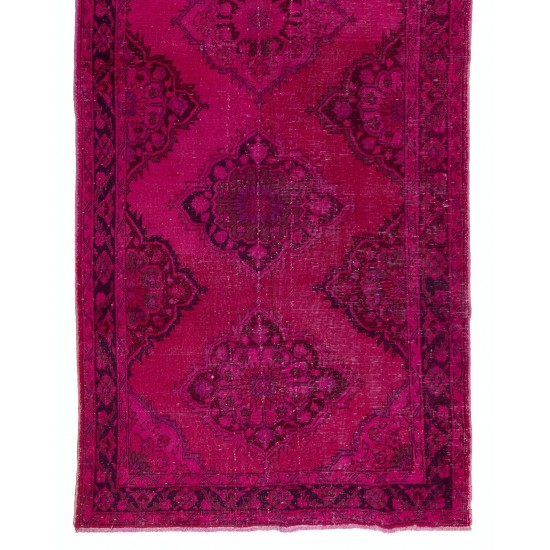 Pink Overdyed Central Anatolian Runner Rug, Floral Pattern Vintage Handmade Corridor Carpet. 4.8 x 12.3 Ft (144 x 373 cm)