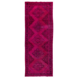 Pink Overdyed Central Anatolian Runner Rug, Floral Pattern Vintage Handmade Corridor Carpet. 4.8 x 12.3 Ft (144 x 373 cm)